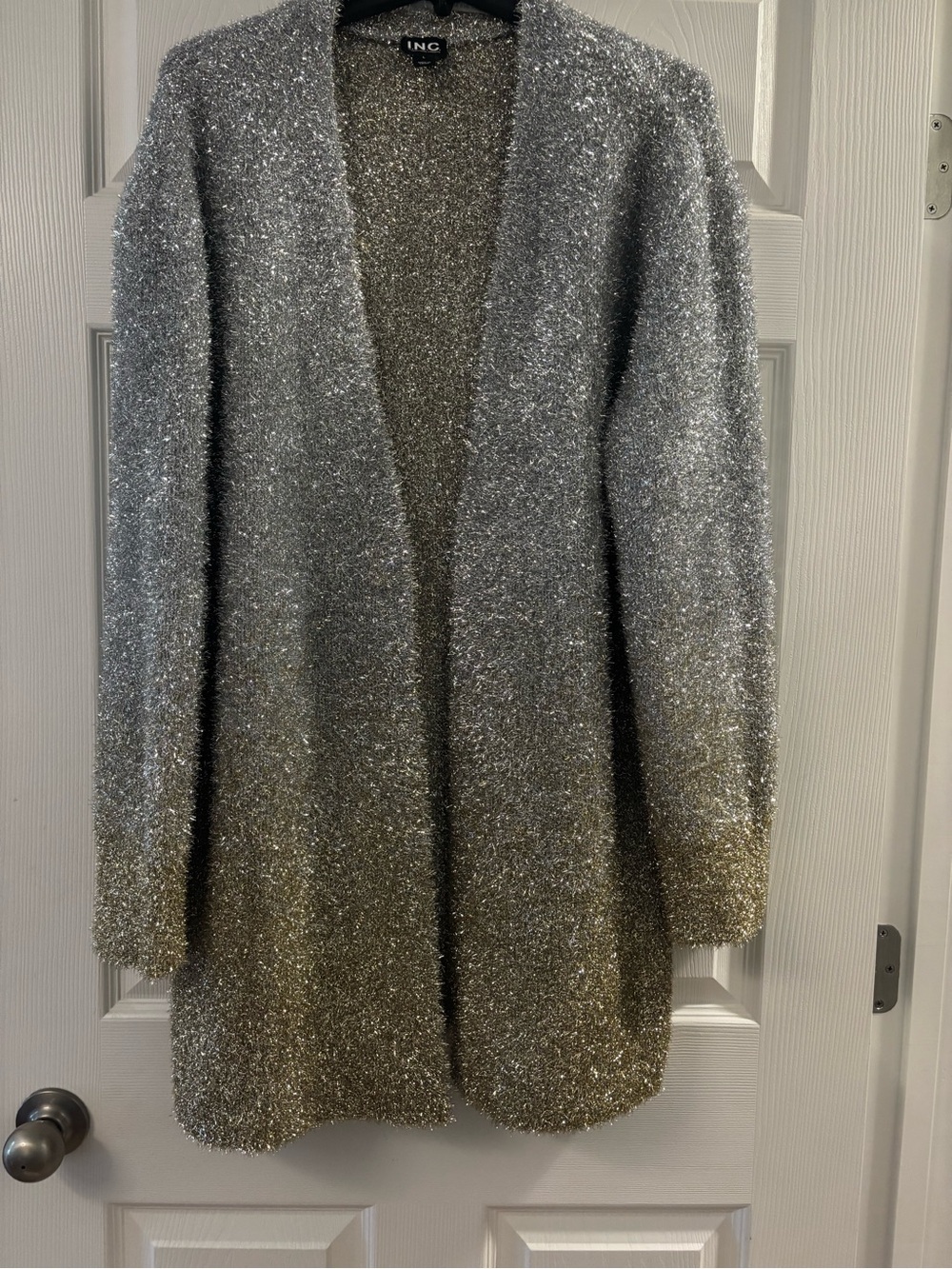 INC International Concepts Silver to Gold Ombre Metallic Open Cardigan